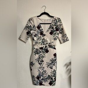 Guess Cream and Burgundy Floral Long Sleeve Dress